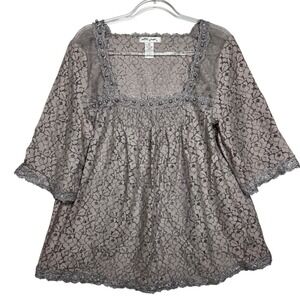 Ultra Pink Lace Square Neck Tunic Top Sheer Gray Beaded Plus Size 2X Romantic